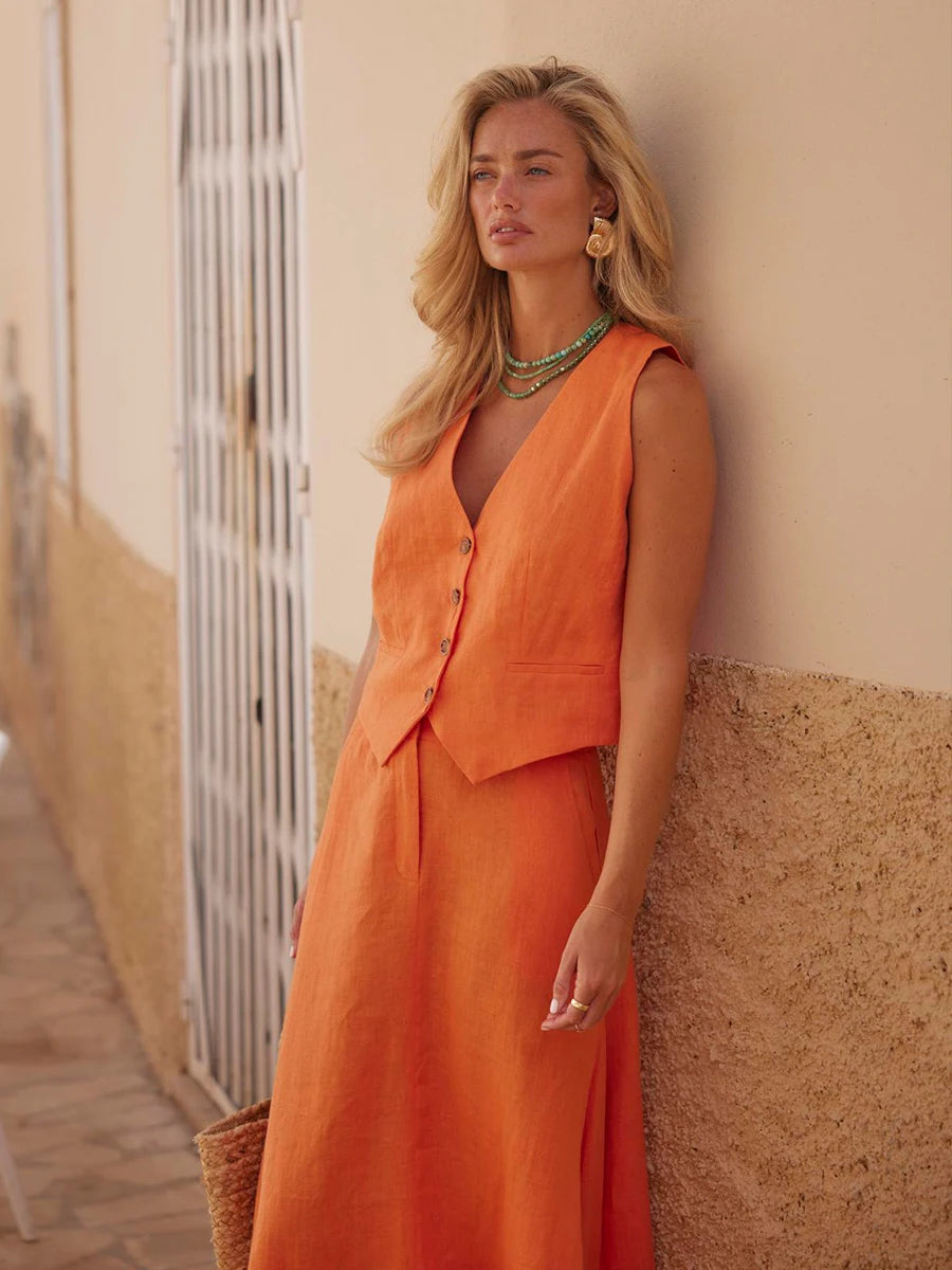 Ensemble gilet en lin et coton et jupe élégante