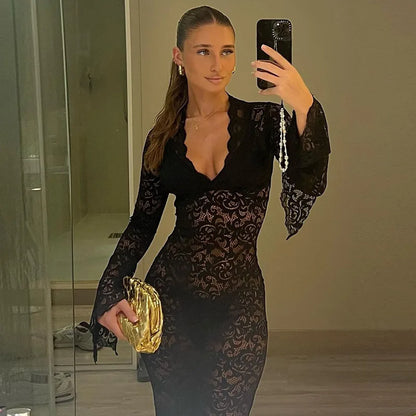 Sexy Long Transparent Lace Dress