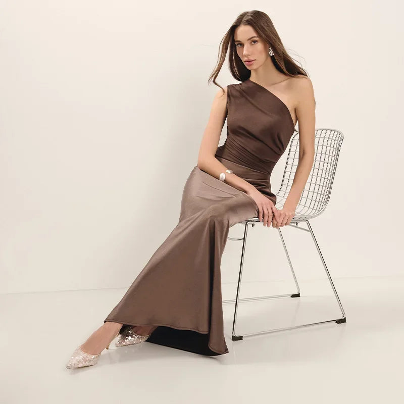 Luxurious One Shoulder Satin Long Dress